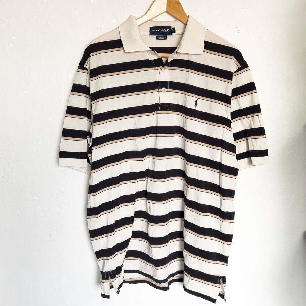 Polo Ralph Lauren Golf Polo Striped Shirt Black Tan Ivory Large - Picture 1 of 5